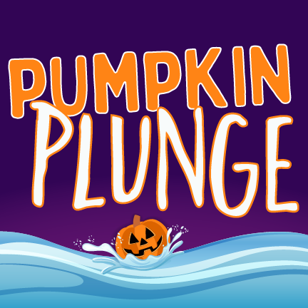 Pumpkin Plunge event graphic featuring playful orange lettering and a jack-o’-lantern splashing into blue water on a purple background.